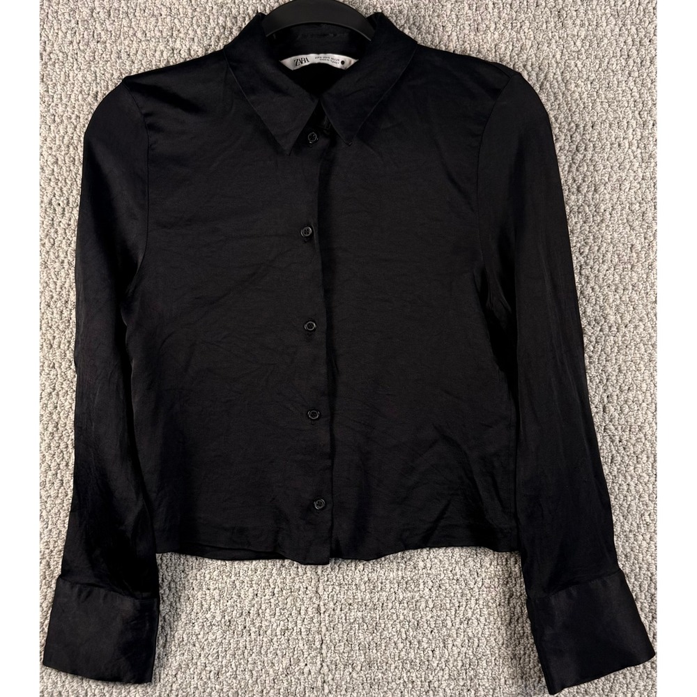 Zara Basic Blouse Shirt Small Black Cropped Long Sleeve Satin Viscose Minimalist
